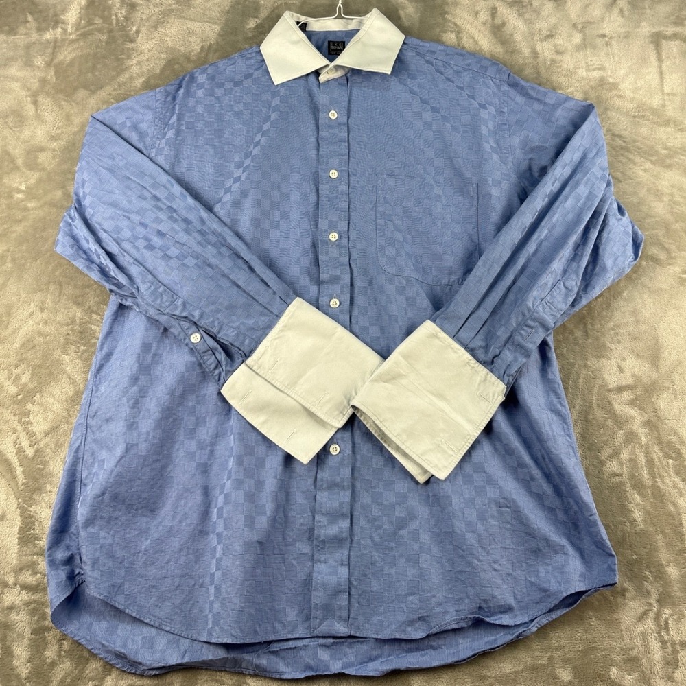 Ike Behar Dress Shirt Mens 16.5-33 Blue Checkered Contrast Collar French Cuff